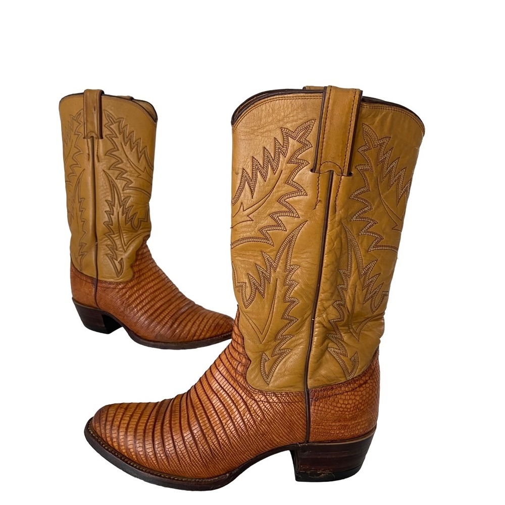 Justin Vintage women’s Tan-Brown Leather Lizard Print Embroidered Cowboy Boots